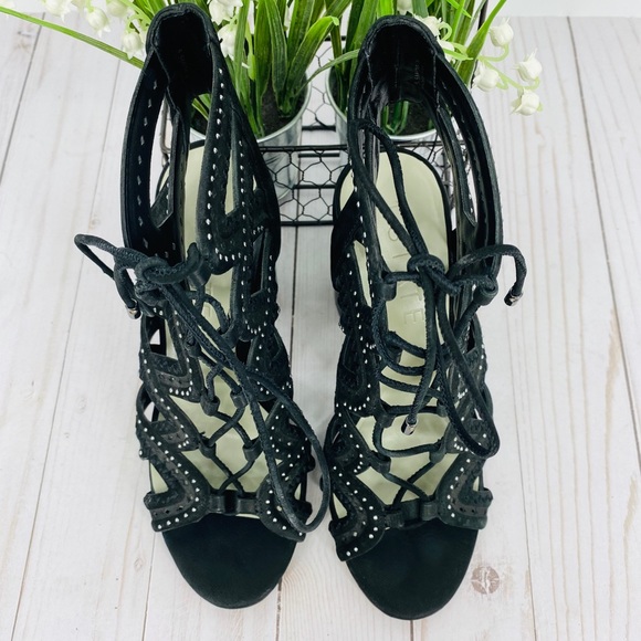 1. State Black Leather Cage Block Heel Lace Up Open Toe Studded Sandal Size 5.5 - Picture 4 of 8